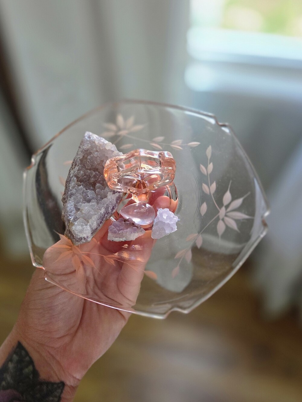 Pink Depression Glass Trinket Tray with Crystals!